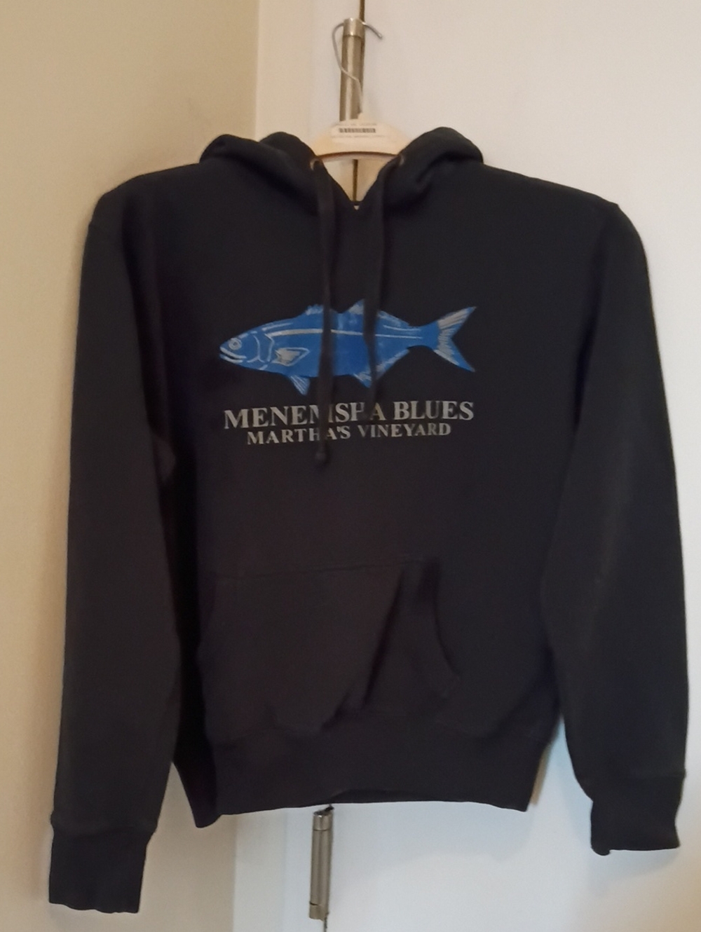 Black Crewneck Sweater with Blue Fish Graphic -